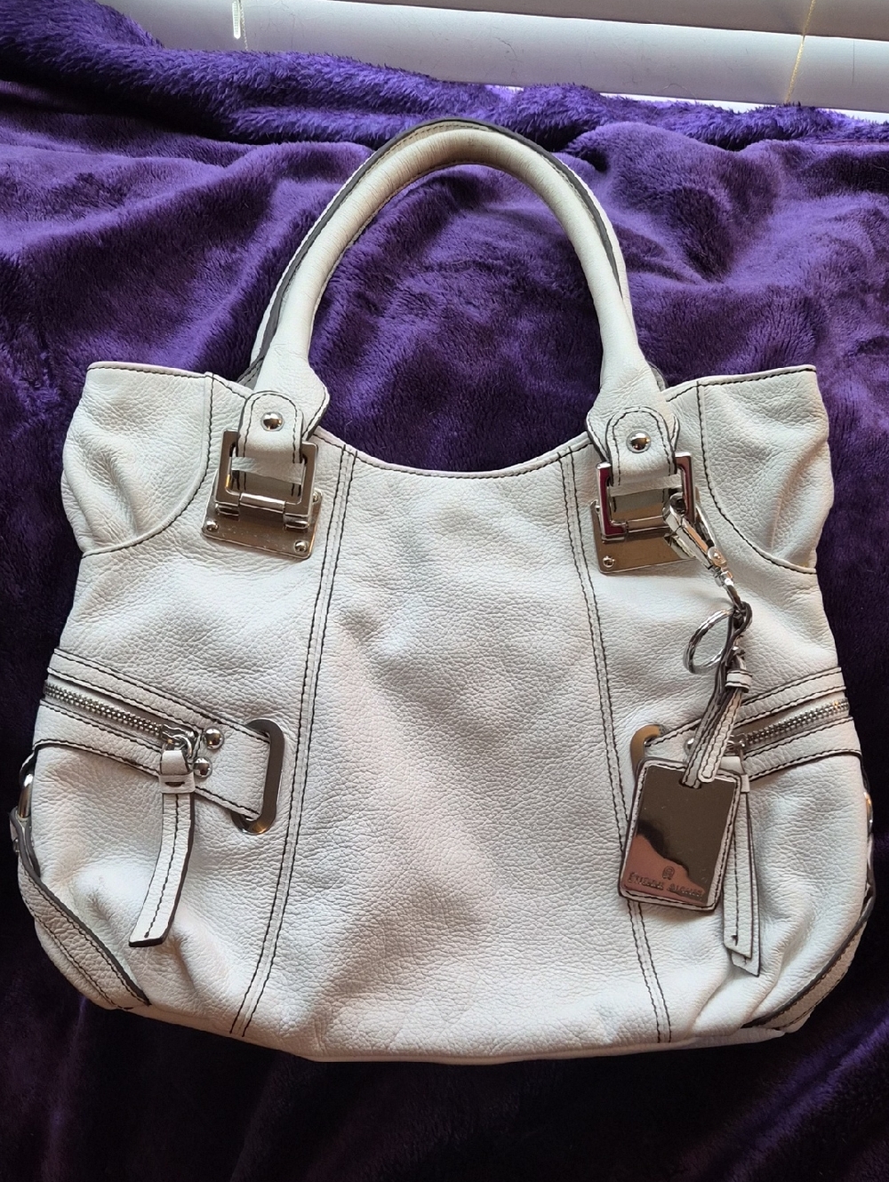 Etienne Aigner White Leather Shoulder Tote with Silver Hardware